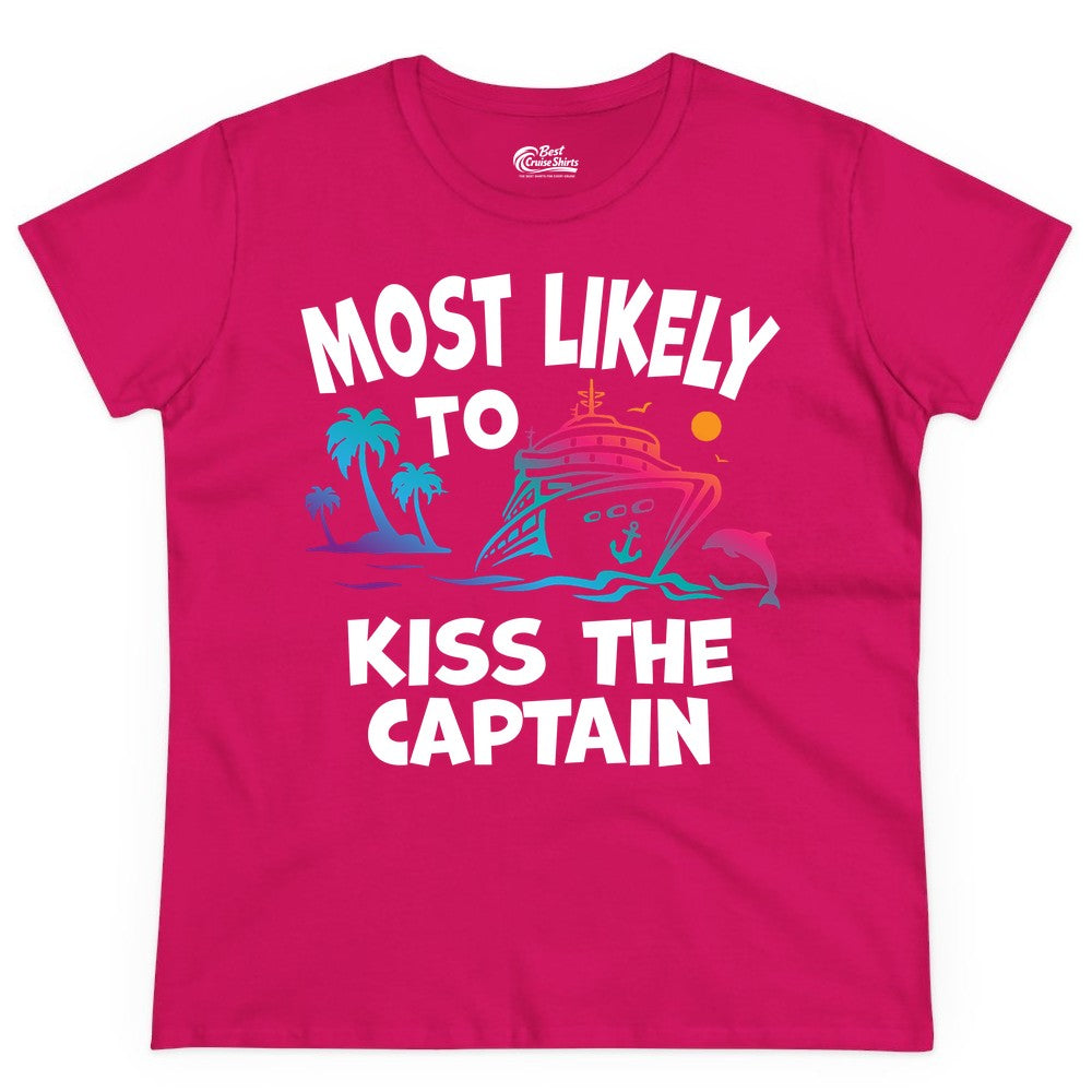 Most Likely to Kiss the Captain Shirt - Funny Cruise Vacation Tee (Ladies Tee) in Heliconia - Most Likely To Kiss The Captain Funny Tropical Cruise Shirt