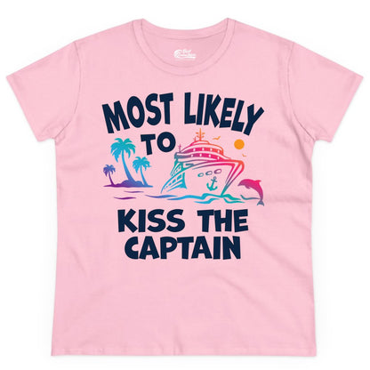 Most Likely to Kiss the Captain Shirt - Funny Cruise Vacation Tee (Ladies Tee) in Light Pink - Most Likely To Kiss The Captain Funny Tropical Cruise Shirt