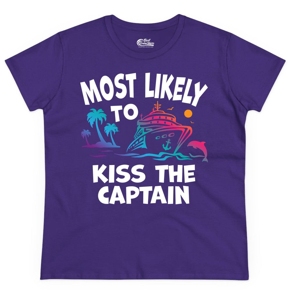 Most Likely to Kiss the Captain Shirt - Funny Cruise Vacation Tee (Ladies Tee) in Purple - Most Likely To Kiss The Captain Funny Tropical Cruise Shirt