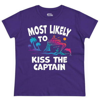 Most Likely to Kiss the Captain Shirt - Funny Cruise Vacation Tee (Ladies Tee) in Purple - Most Likely To Kiss The Captain Funny Tropical Cruise Shirt