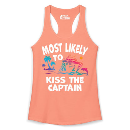 Most Likely to Kiss the Captain Shirt - Funny Cruise Vacation Tee (Ladies Tank) in Solid Light Orange - Most Likely To Kiss The Captain Funny Tropical Cruise Shirt