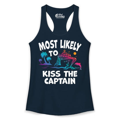 Most Likely to Kiss the Captain Shirt - Funny Cruise Vacation Tee (Ladies Tank) in Solid Midnight Navy - Most Likely To Kiss The Captain Funny Tropical Cruise Shirt
