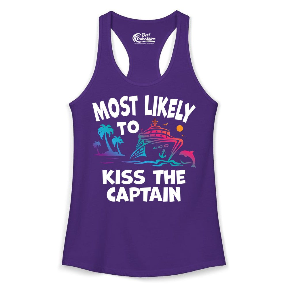 Most Likely to Kiss the Captain Shirt - Funny Cruise Vacation Tee (Ladies Tank) in Solid Purple Rush - Most Likely To Kiss The Captain Funny Tropical Cruise Shirt