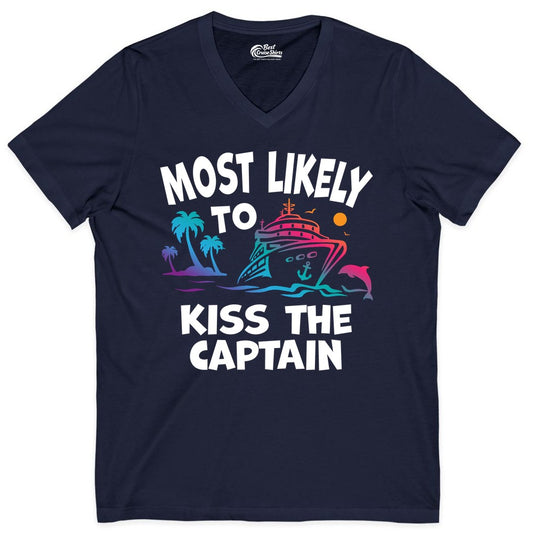 Most Likely to Kiss the Captain Shirt - Funny Cruise Vacation Tee (V-Neck) in Navy - Most Likely To Kiss The Captain Funny Tropical Cruise Shirt