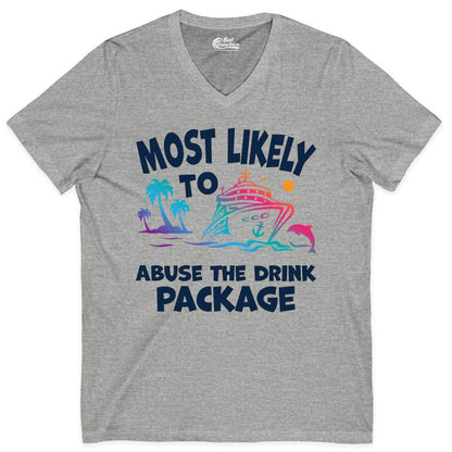 Most Likely to Abuse the Drink Package - Funny Cruise Shirt (V-Neck) in Athletic Heather - Most Likely To Abuse The Drink Package Funny Tropical Cruise Shirt