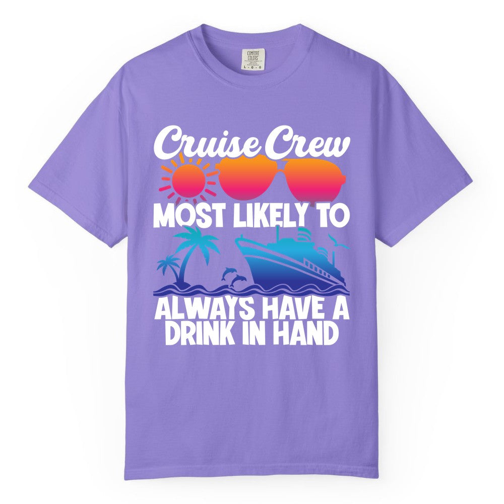 Cruise Crew Shirt - Funny Drinking Cruise Tee for Vacation Parties (Comfort Color) in Violet - Cruise Crew Funny Drinking Tropical Sunset Ombre Party Shirt