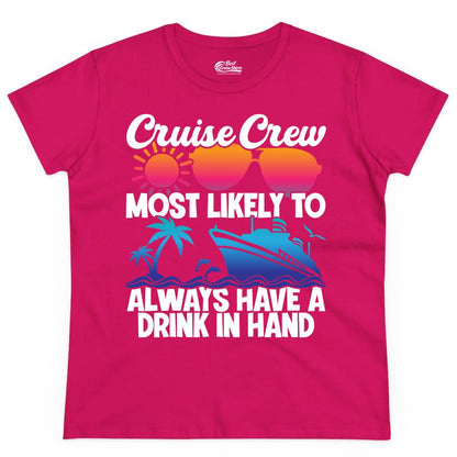 Cruise Crew Shirt - Funny Drinking Cruise Tee for Vacation Parties (Ladies Tee) in Heliconia - Cruise Crew Funny Drinking Tropical Sunset Ombre Party Shirt
