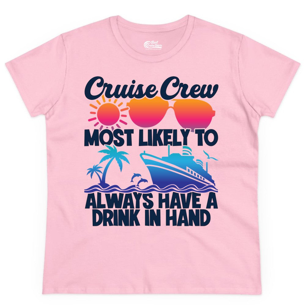 Cruise Crew Shirt - Funny Drinking Cruise Tee for Vacation Parties (Ladies Tee) in Light Pink - Cruise Crew Funny Drinking Tropical Sunset Ombre Party Shirt