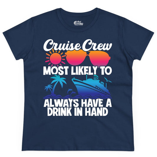 Cruise Crew Shirt - Funny Drinking Cruise Tee for Vacation Parties (Ladies Tee) in Navy - Cruise Crew Funny Drinking Tropical Sunset Ombre Party Shirt