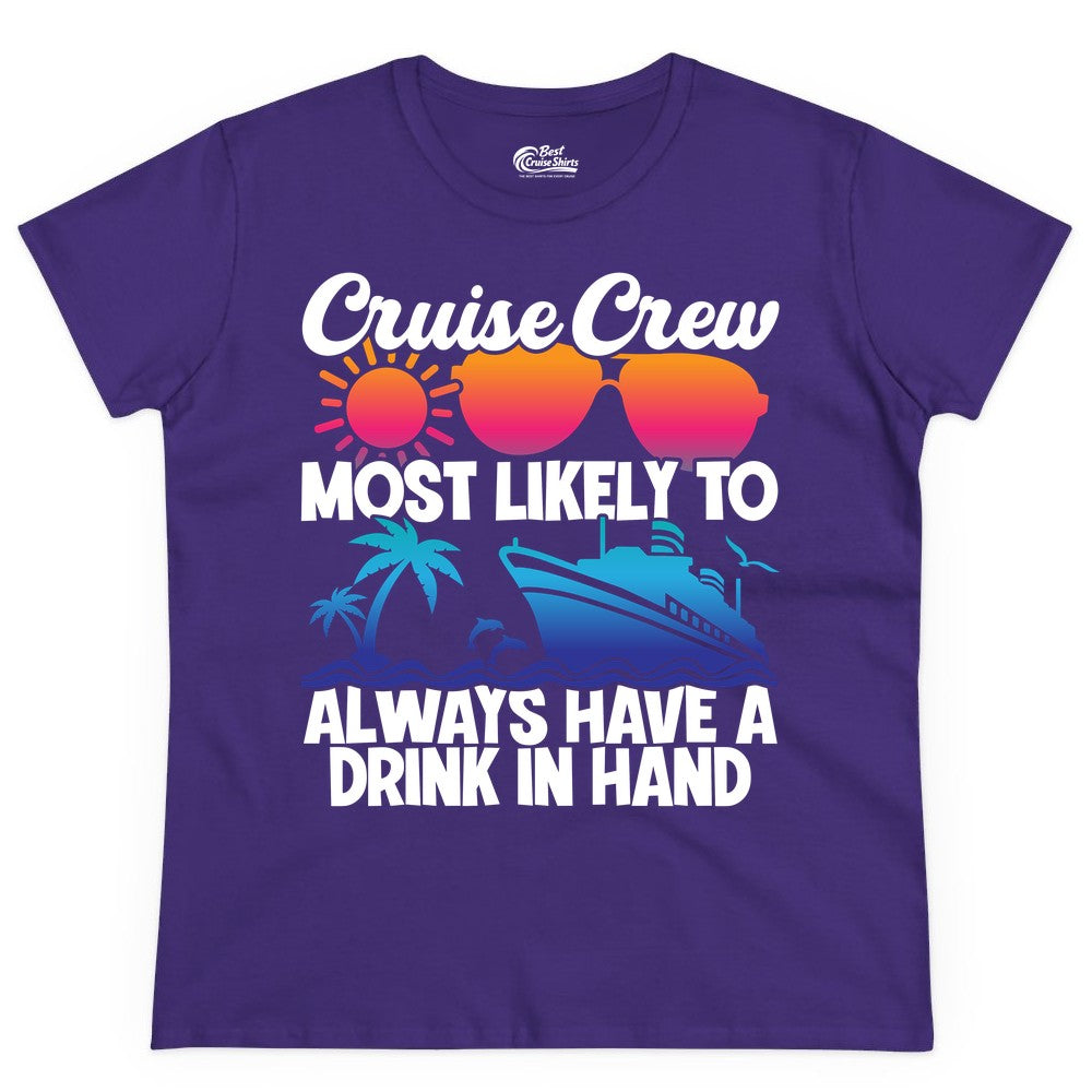 Cruise Crew Shirt - Funny Drinking Cruise Tee for Vacation Parties (Ladies Tee) in Purple - Cruise Crew Funny Drinking Tropical Sunset Ombre Party Shirt