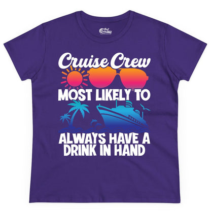 Cruise Crew Shirt - Funny Drinking Cruise Tee for Vacation Parties (Ladies Tee) in Purple - Cruise Crew Funny Drinking Tropical Sunset Ombre Party Shirt