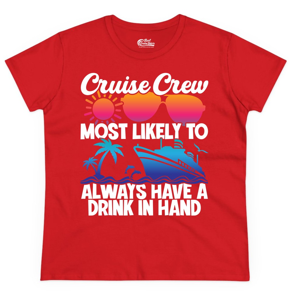 Cruise Crew Shirt - Funny Drinking Cruise Tee for Vacation Parties (Ladies Tee) in Red - Cruise Crew Funny Drinking Tropical Sunset Ombre Party Shirt