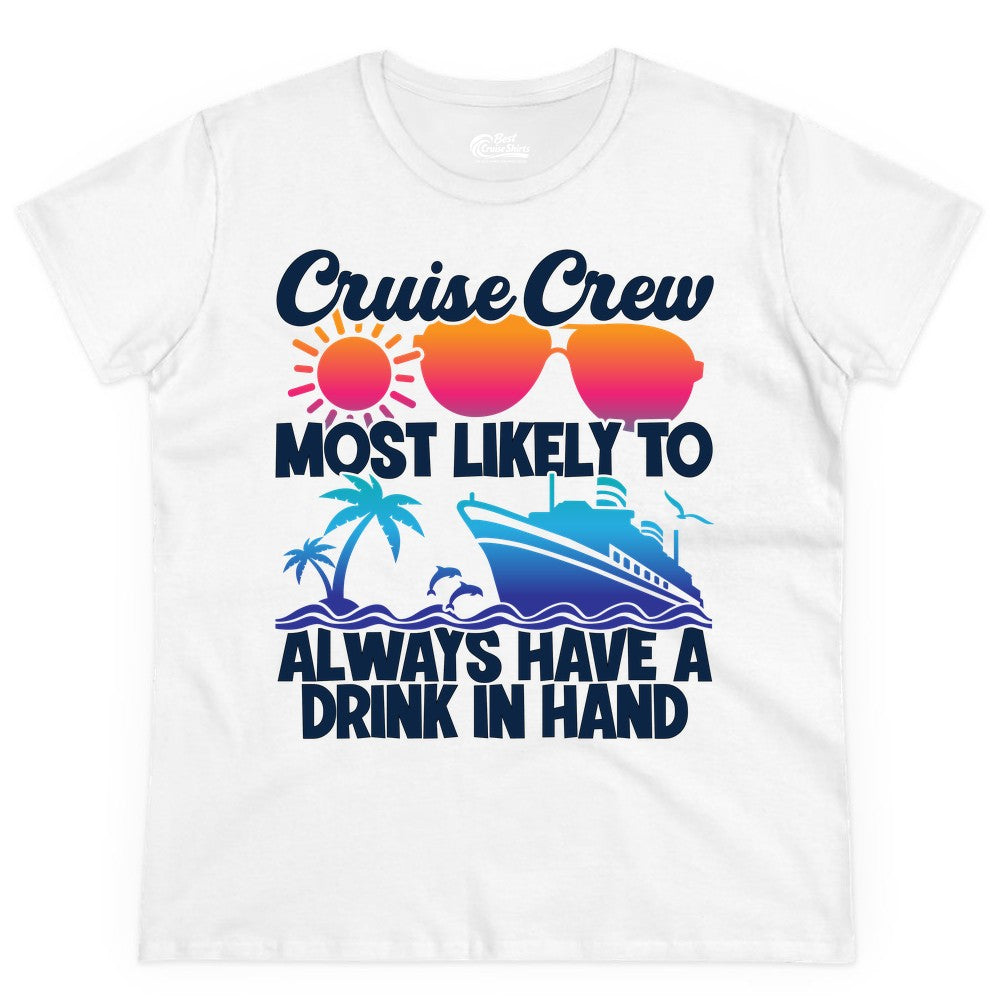 Cruise Crew Shirt - Funny Drinking Cruise Tee for Vacation Parties (Ladies Tee) in White - Cruise Crew Funny Drinking Tropical Sunset Ombre Party Shirt
