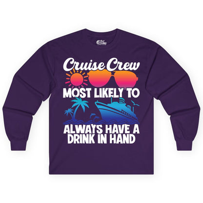 Cruise Crew Shirt - Funny Drinking Cruise Tee for Vacation Parties (Long Sleeve) in Purple - Cruise Crew Funny Drinking Tropical Sunset Ombre Party Shirt