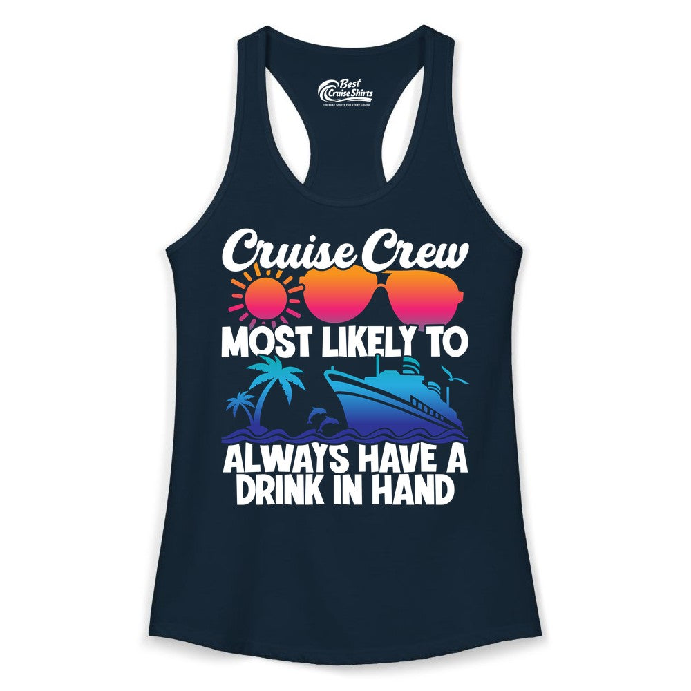 Cruise Crew Shirt - Funny Drinking Cruise Tee for Vacation Parties (Ladies Tank) in Solid Midnight Navy - Cruise Crew Funny Drinking Tropical Sunset Ombre Party Shirt