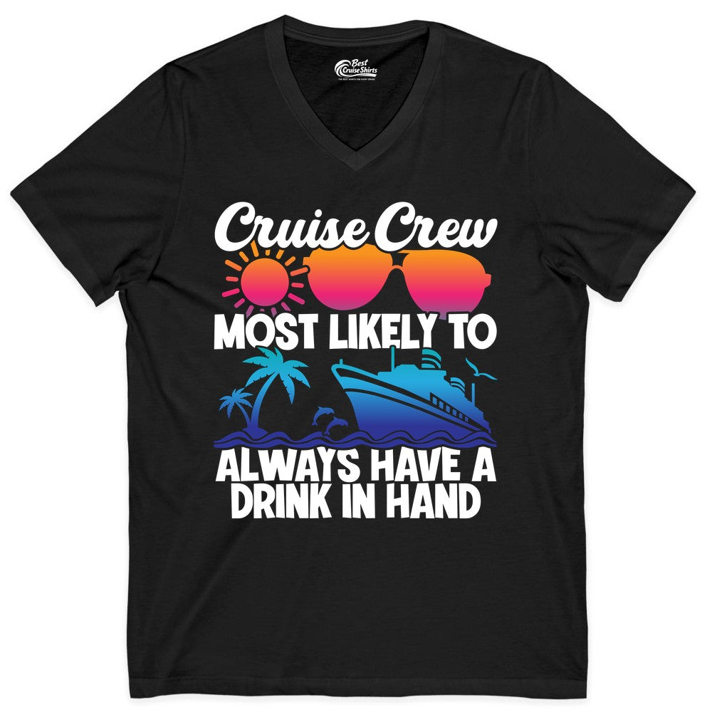 Cruise Crew Shirt - Funny Drinking Cruise Tee for Vacation Parties (V-Neck) in Black - Cruise Crew Funny Drinking Tropical Sunset Ombre Party Shirt