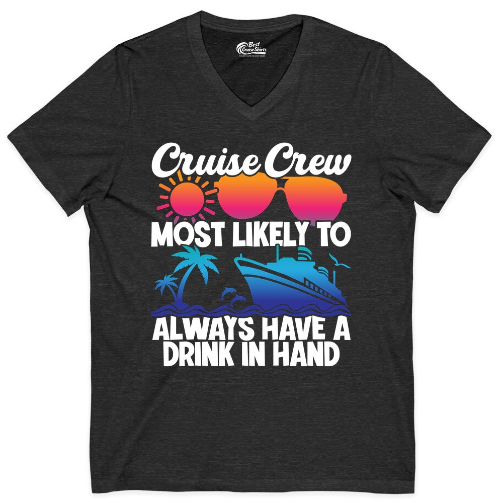 Cruise Crew Shirt - Funny Drinking Cruise Tee for Vacation Parties (V-Neck) in Dark Grey Heather - Cruise Crew Funny Drinking Tropical Sunset Ombre Party Shirt