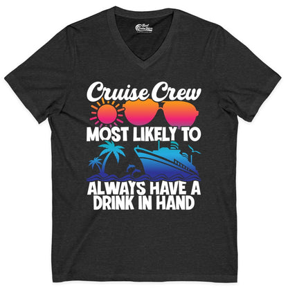 Cruise Crew Shirt - Funny Drinking Cruise Tee for Vacation Parties (V-Neck) in Dark Grey Heather - Cruise Crew Funny Drinking Tropical Sunset Ombre Party Shirt
