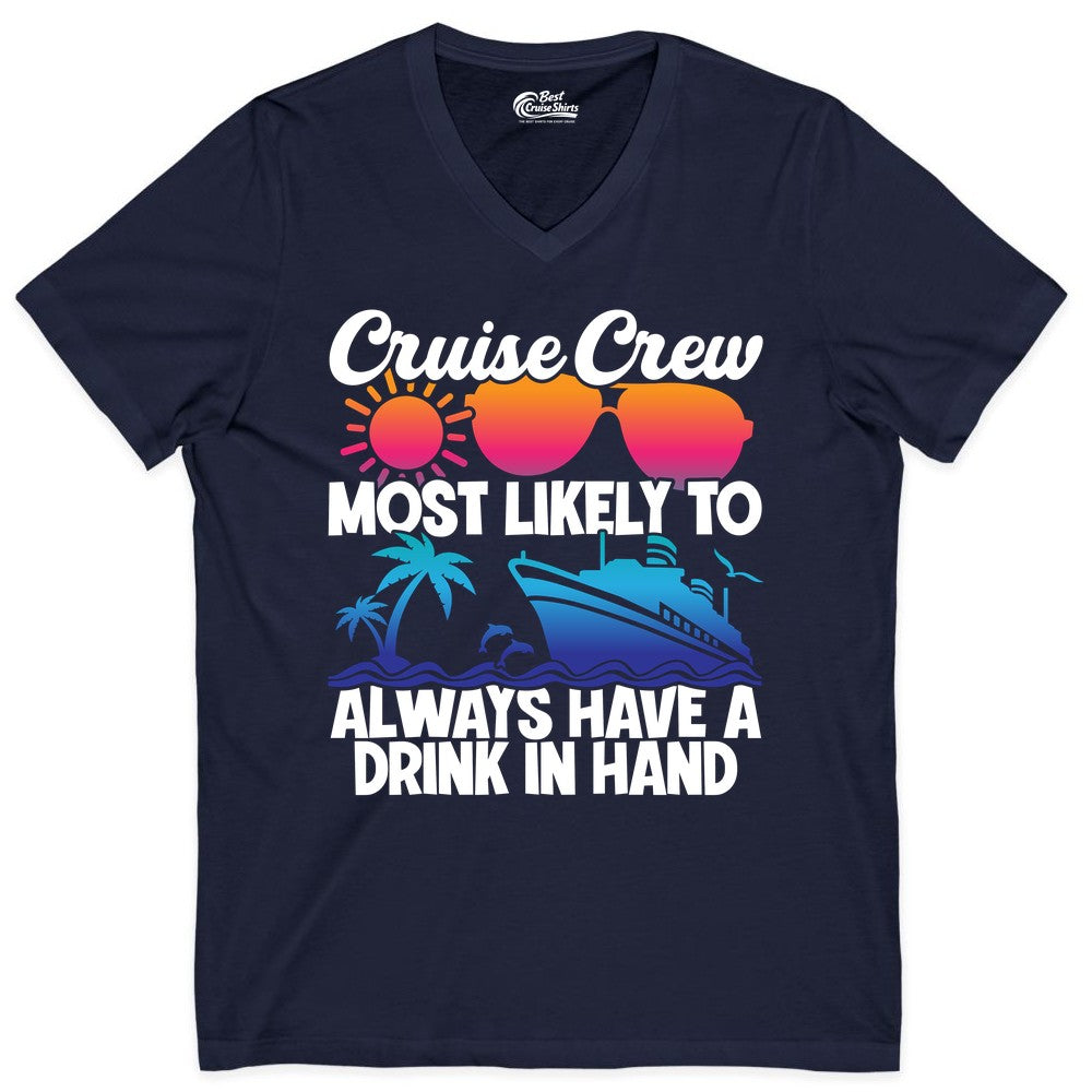 Cruise Crew Shirt - Funny Drinking Cruise Tee for Vacation Parties (V-Neck) in Navy - Cruise Crew Funny Drinking Tropical Sunset Ombre Party Shirt