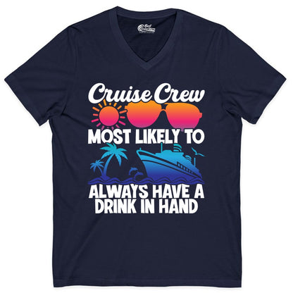 Cruise Crew Shirt - Funny Drinking Cruise Tee for Vacation Parties (V-Neck) in Navy - Cruise Crew Funny Drinking Tropical Sunset Ombre Party Shirt