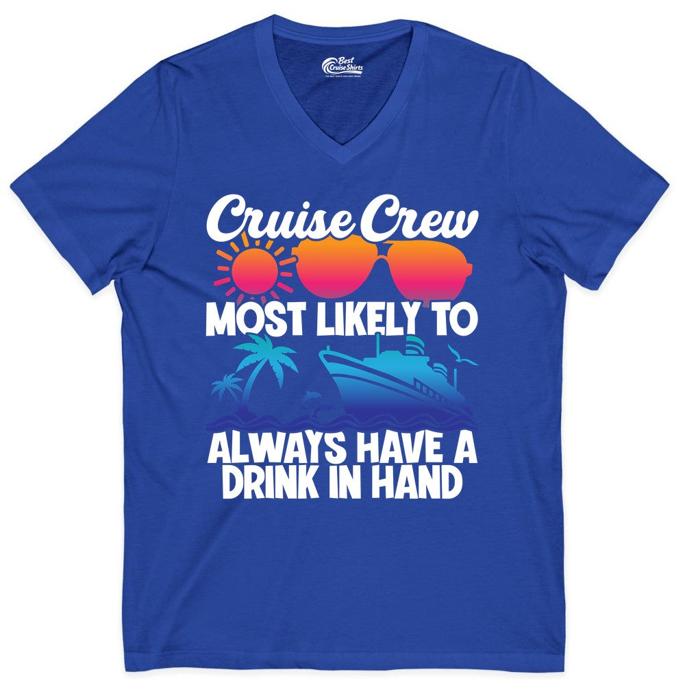 Cruise Crew Shirt - Funny Drinking Cruise Tee for Vacation Parties (V-Neck) in True Royal - Cruise Crew Funny Drinking Tropical Sunset Ombre Party Shirt