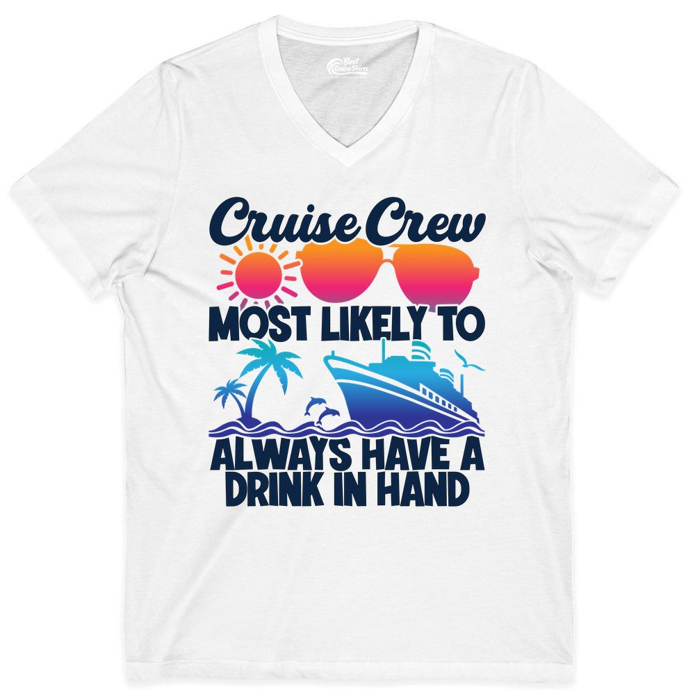 Cruise Crew Shirt - Funny Drinking Cruise Tee for Vacation Parties (V-Neck) in White - Cruise Crew Funny Drinking Tropical Sunset Ombre Party Shirt