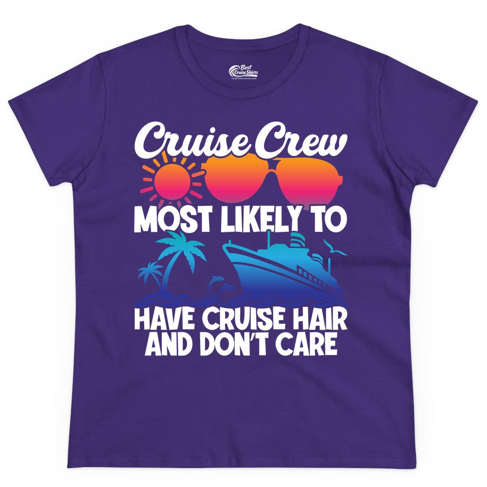 Cruise Crew Shirt - Funny Vacation Tee for Group Cruise Trips (Ladies Tee) in Purple - Cruise Crew Most Likely To Have Cruise Hair Retro Group Shirt