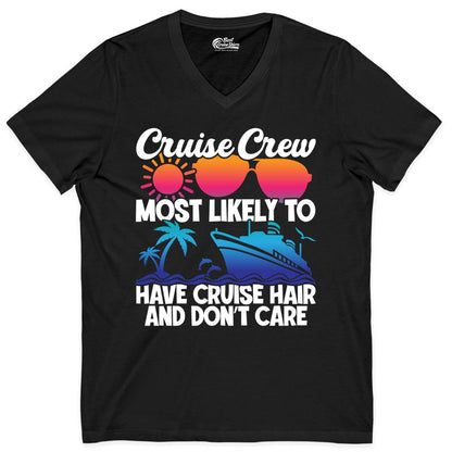 Cruise Crew Shirt - Funny Vacation Tee for Group Cruise Trips (V-Neck) in Black - Cruise Crew Most Likely To Have Cruise Hair Retro Group Shirt