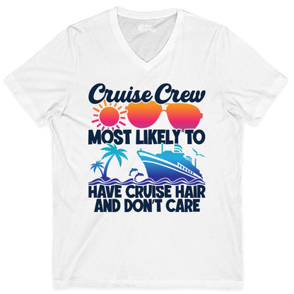 Cruise Crew Shirt - Funny Vacation Tee for Group Cruise Trips (V-Neck) in White - Cruise Crew Most Likely To Have Cruise Hair Retro Group Shirt