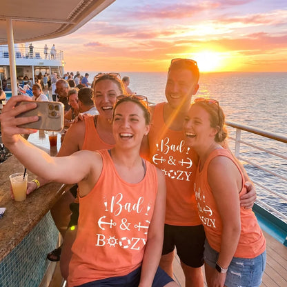 Lifestyle View — Bad and Boozy Nautical Cruise Shirt with Anchors and Ship Wheel — Tank Top