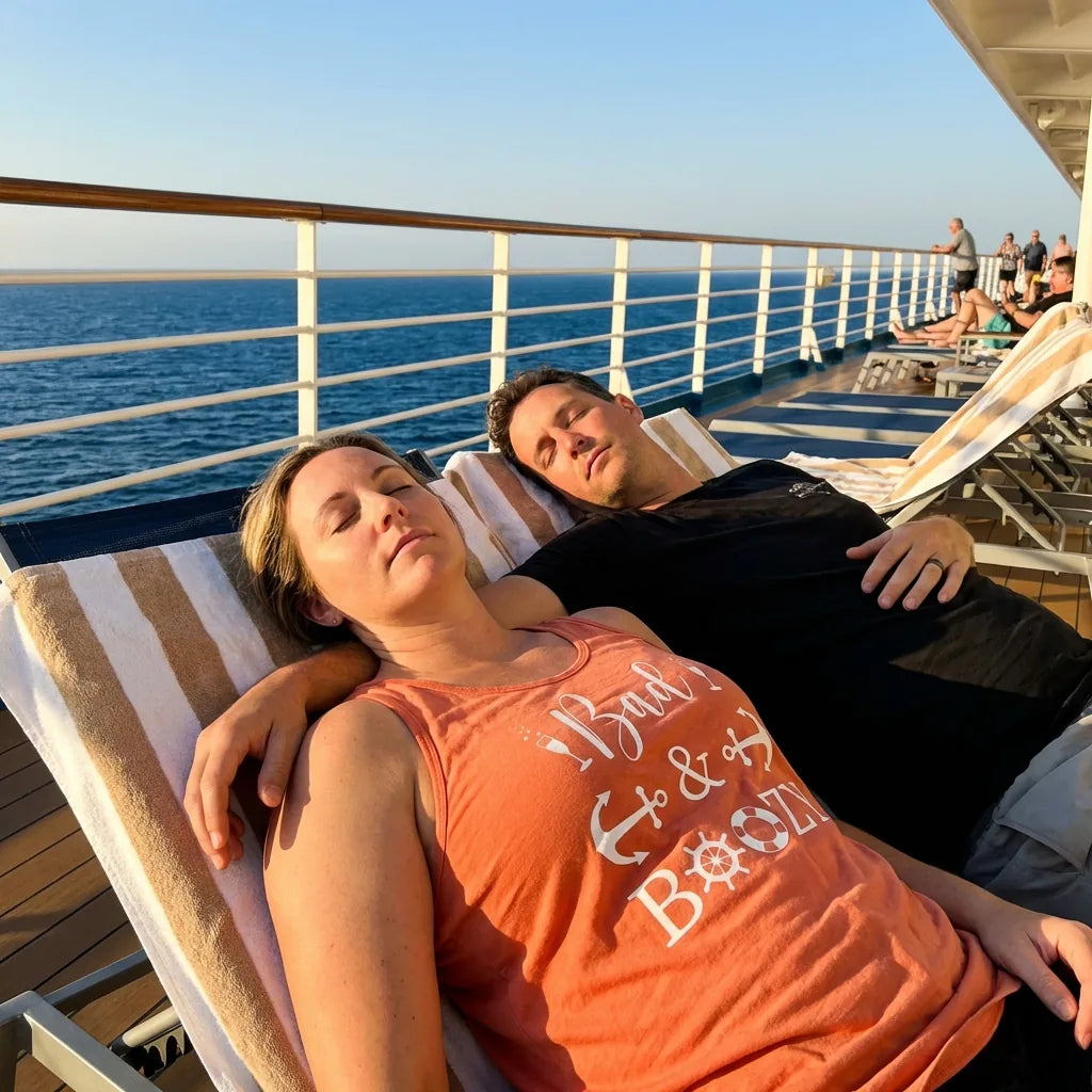 Lifestyle View — Bad and Boozy Nautical Cruise Shirt with Anchors and Ship Wheel — Ladies Tank