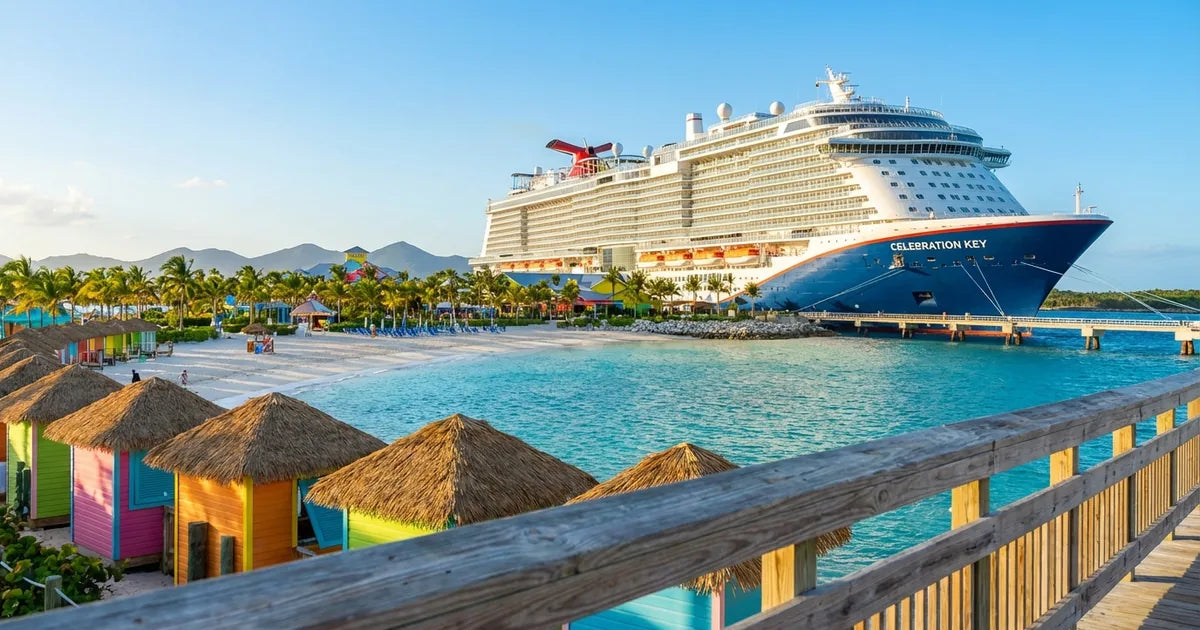 A large cruise ship docked in a tropical Caribbean port during a sunny day in March 2026.