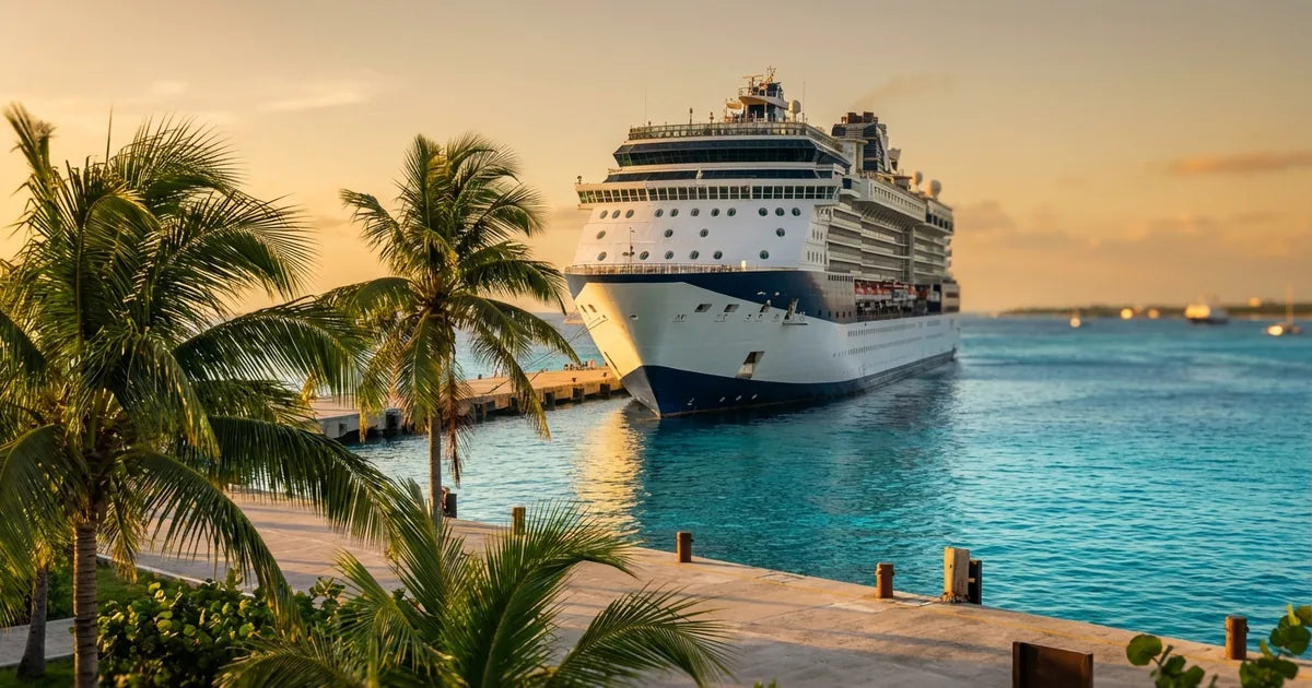 A luxury cruise ship docked in a sunny Caribbean port representing the latest cruise news march 2026.