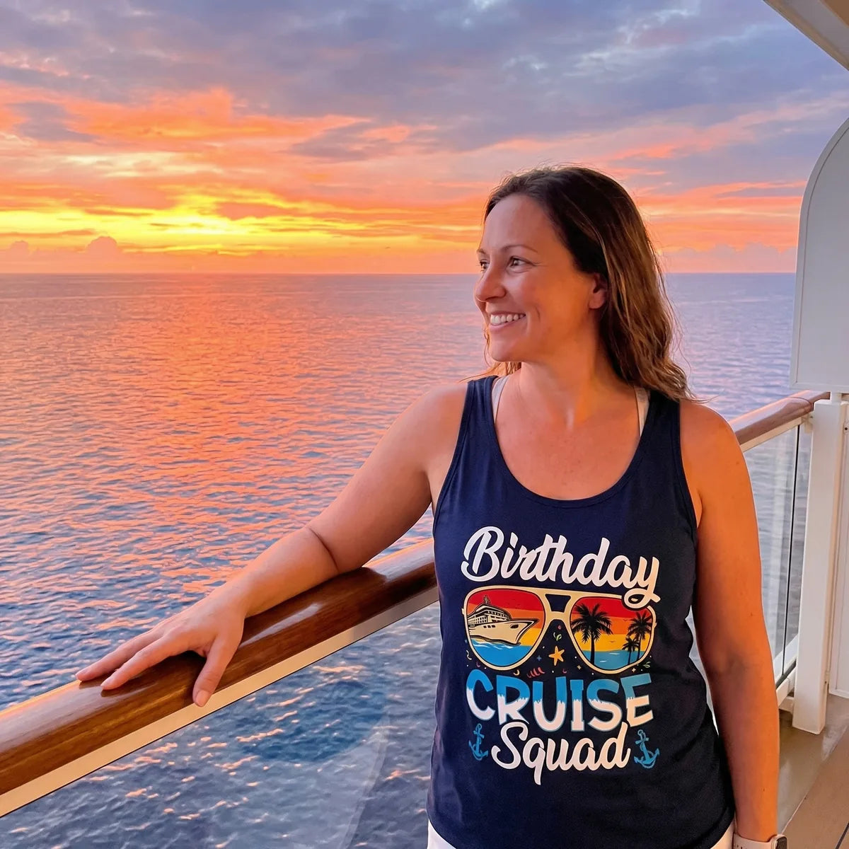 Lifestyle View — Birthday Cruise Squad Retro Sunglasses Tropical Group Shirt — Tank Top