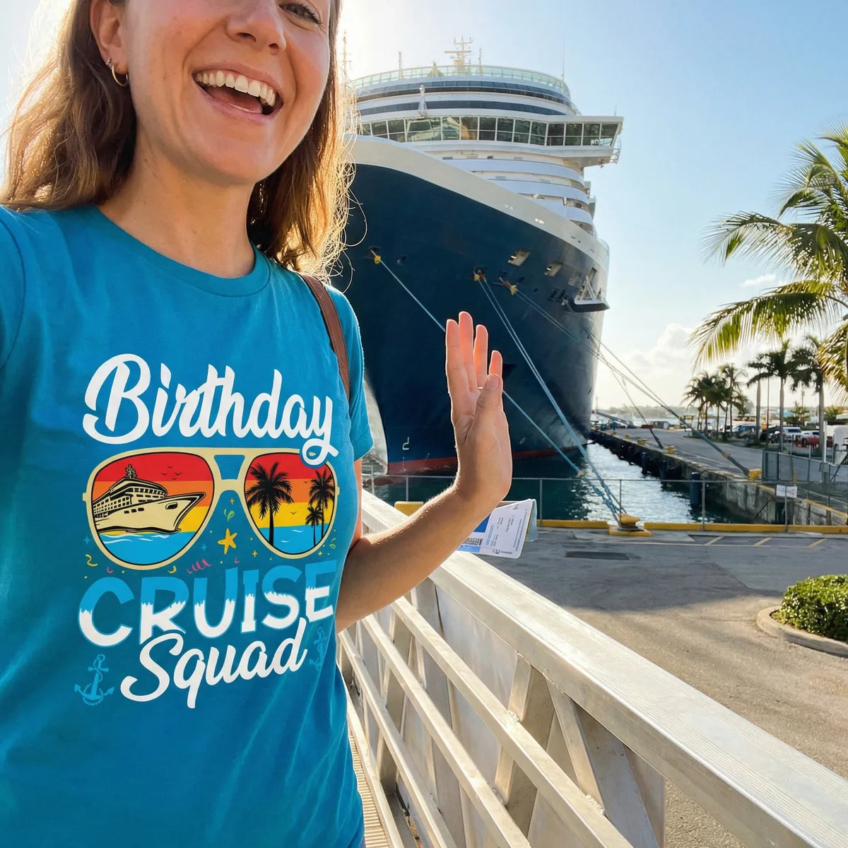 Lifestyle View — Birthday Cruise Squad Retro Sunglasses Tropical Group Shirt — T-Shirt