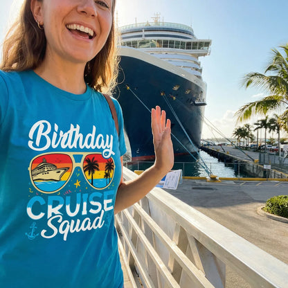 Lifestyle View — Birthday Cruise Squad Retro Sunglasses Tropical Group Shirt — T-Shirt