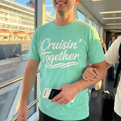 Lifestyle View — Cruisin Together Group Unity Shirt with Bold Script and Wave Design — T-Shirt