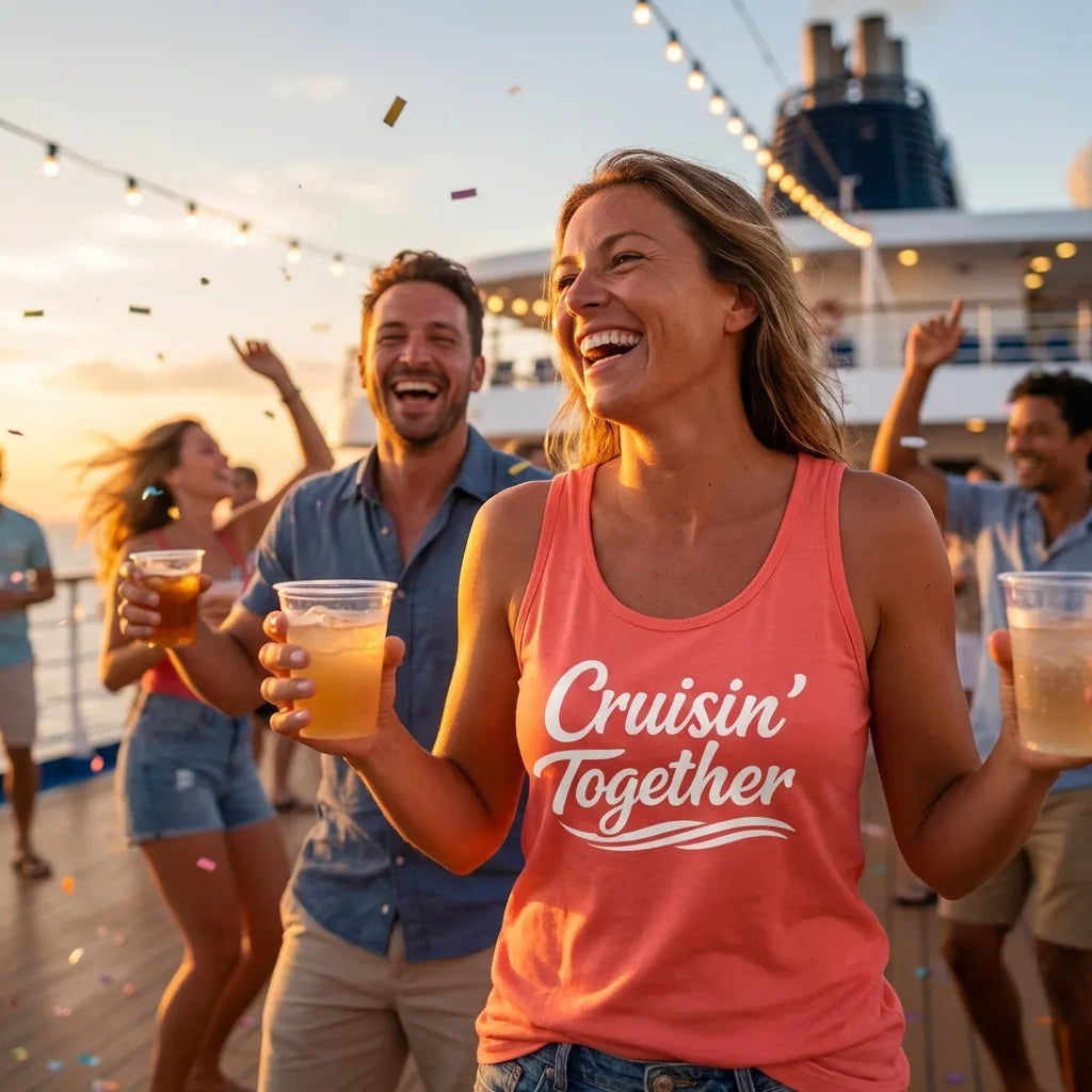 Lifestyle View — Cruisin Together Group Unity Shirt with Bold Script and Wave Design — Ladies Tank
