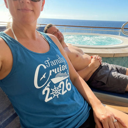 Lifestyle View — Family Cruise 2026 Shirt with Cruise Ship and Seagulls Graphic — Ladies Tank