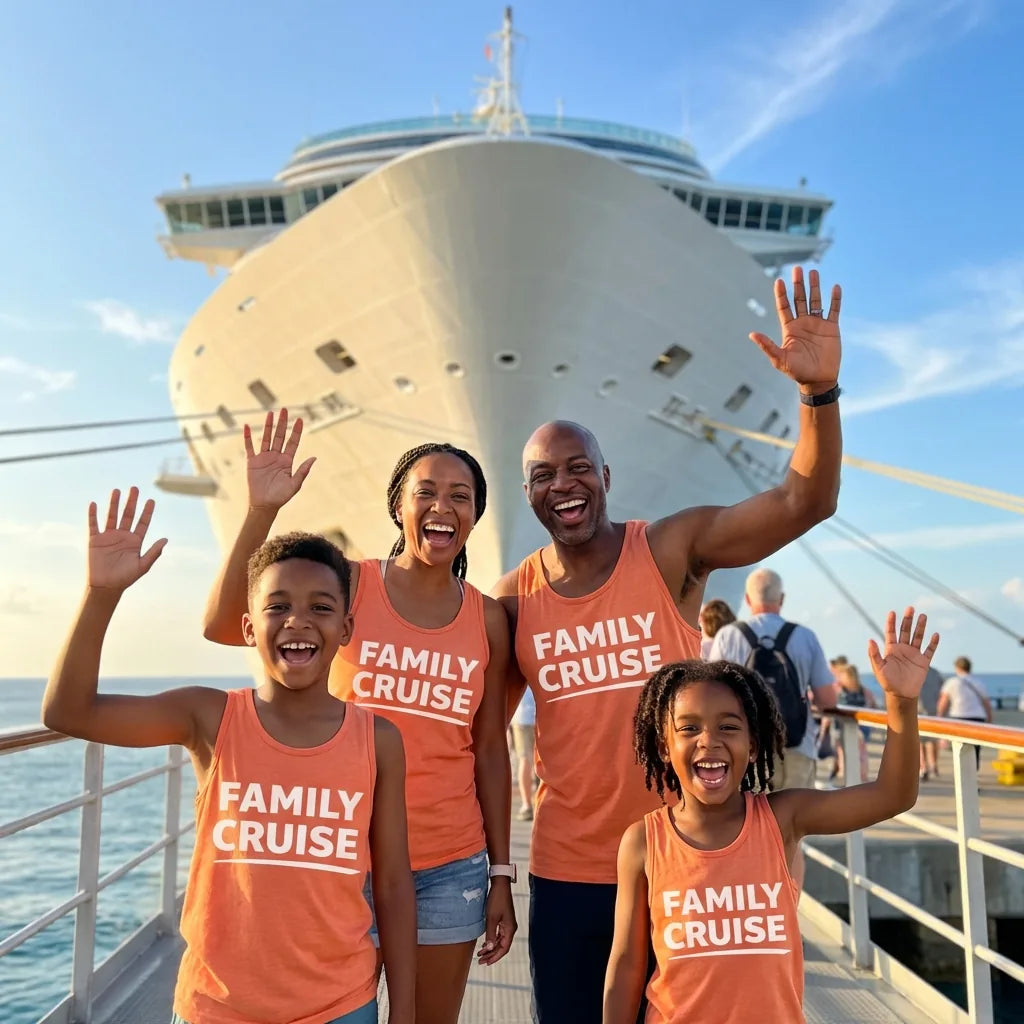 Lifestyle View — Family Cruise Celebration Bold Lettering Group Trip Shirt — Tank Top