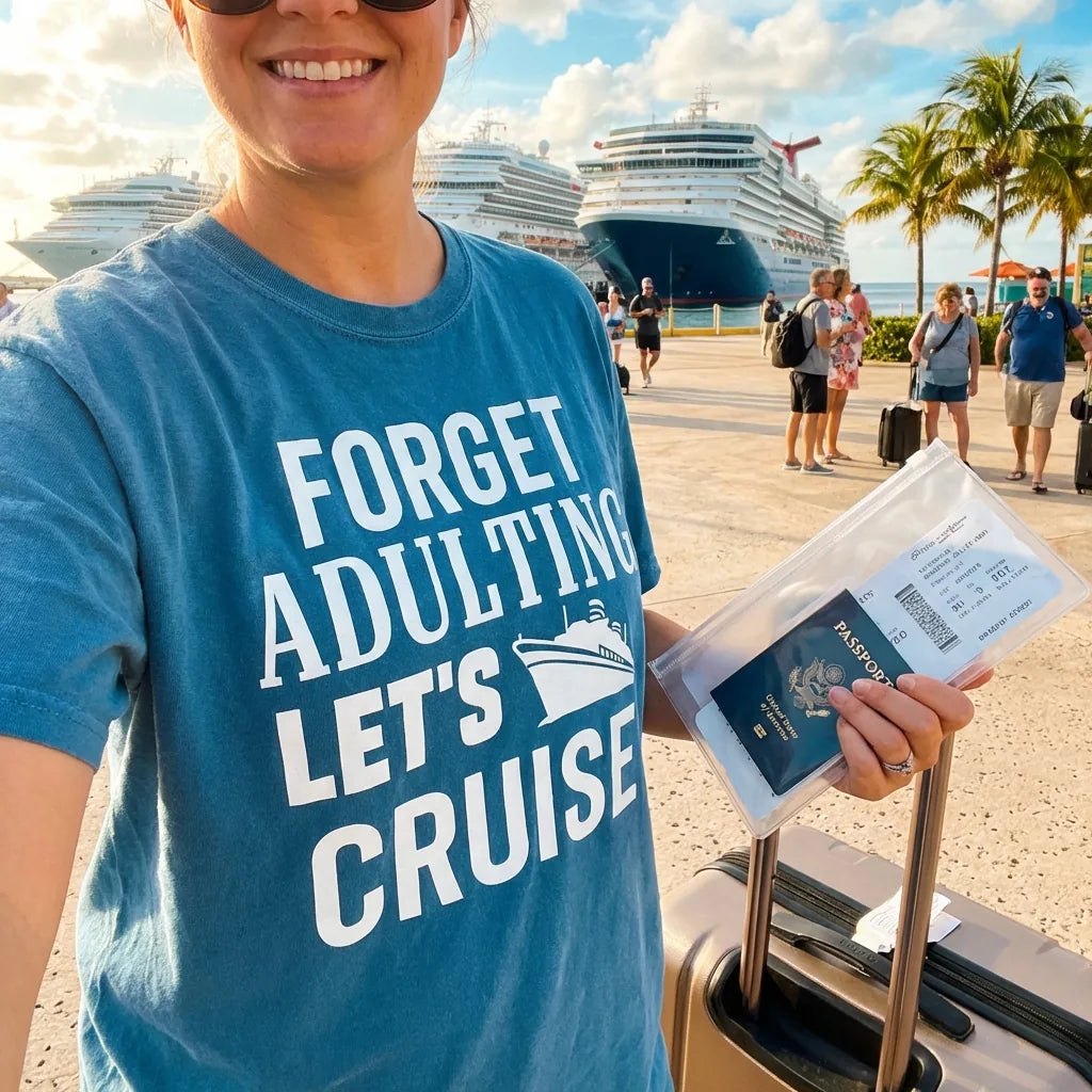 Lifestyle View — Forget Adulting Let's Cruise Shirt - Funny Cruise Ship Vacation Tee — T-Shirt