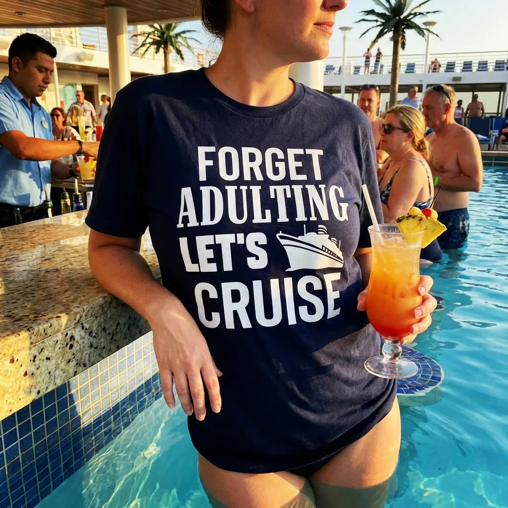 Lifestyle View — Forget Adulting Let's Cruise Shirt - Funny Cruise Ship Vacation Tee — T-Shirt