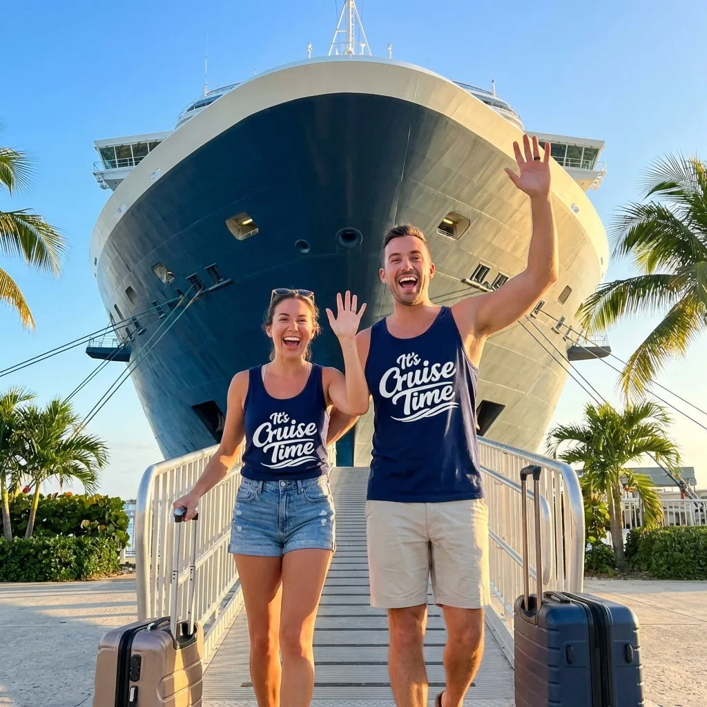 Lifestyle View — It’s Cruise Time Bold Nautical Wave Typography Cruise Shirt — Tank Top