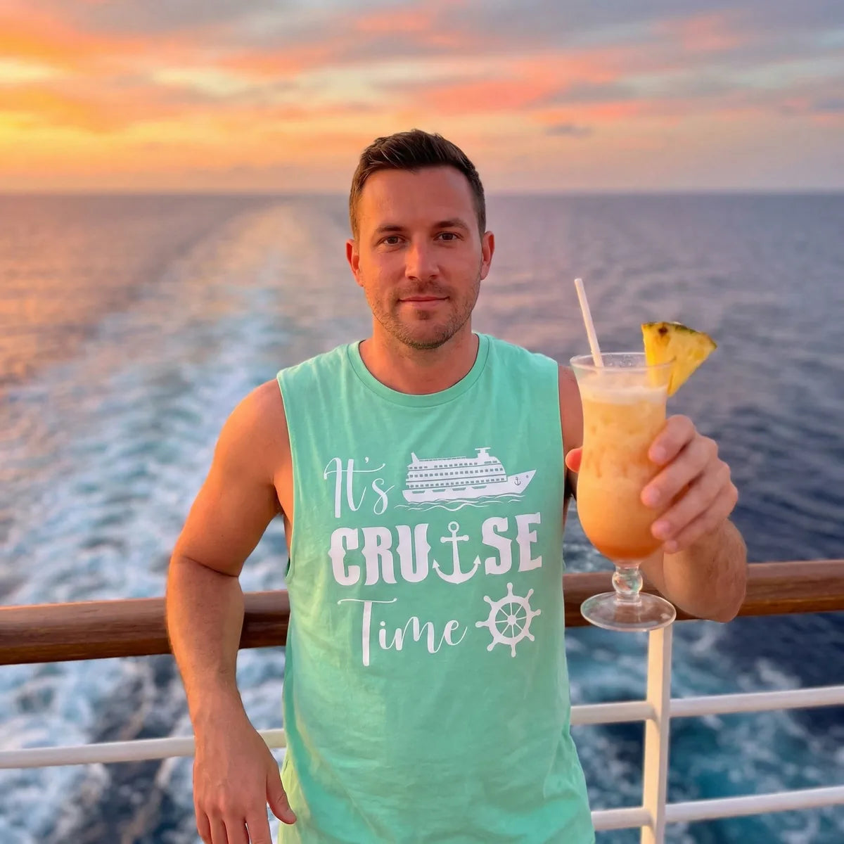 Lifestyle View — It’s Cruise Time Shirt - Nautical Ship Anchor Wheel Bold Graphic — Tank Top