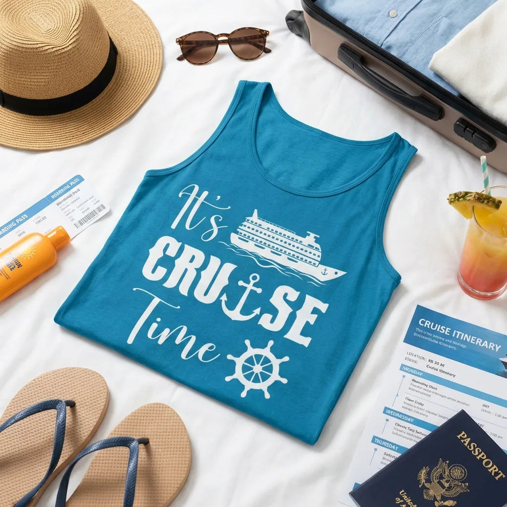 Lifestyle View — It’s Cruise Time Shirt - Nautical Ship Anchor Wheel Bold Graphic — Tank Top