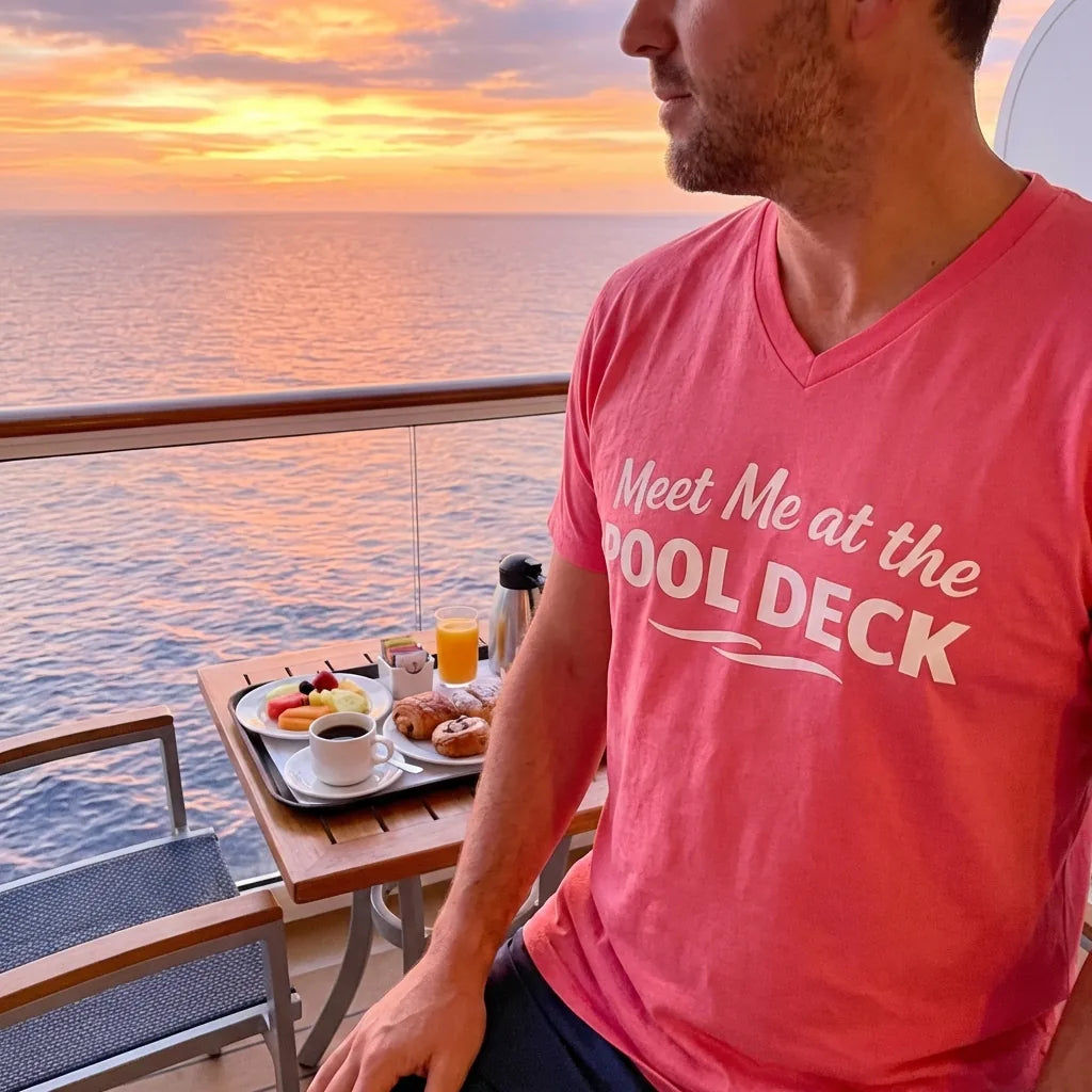 Lifestyle View — Meet Me At The Pool Deck Bold Fun Poolside Water Wave Shirt — V-Neck