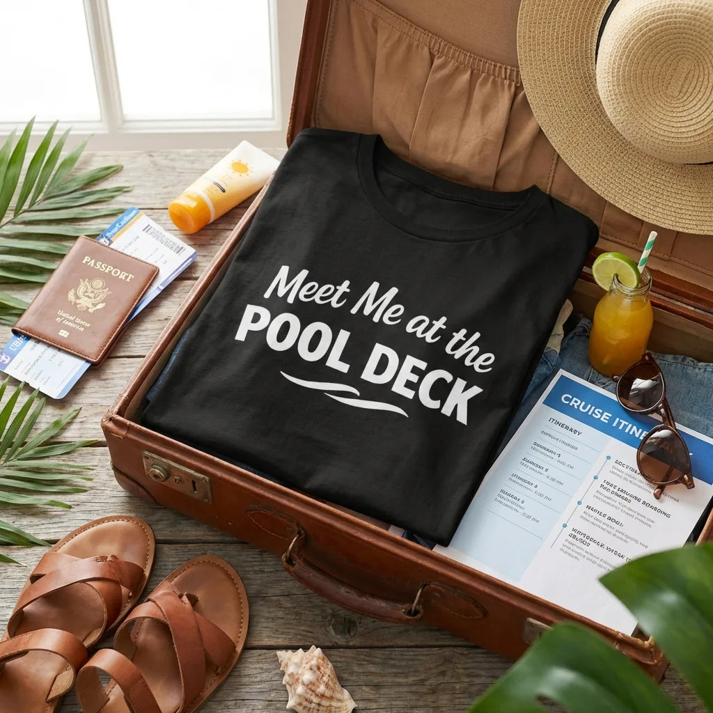 Lifestyle View — Meet Me At The Pool Deck Bold Fun Poolside Water Wave Shirt — T-Shirt