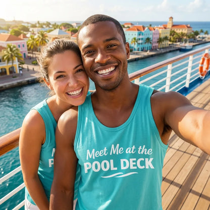 Lifestyle View — Meet Me At The Pool Deck Bold Fun Poolside Water Wave Shirt — Tank Top