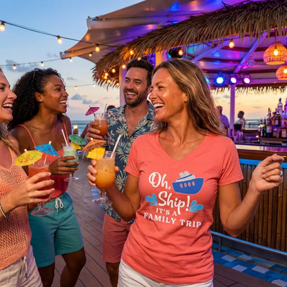 Lifestyle View — Oh Ship Funny Family Cruise Trip Shirt Nautical Vacation Design — V-Neck