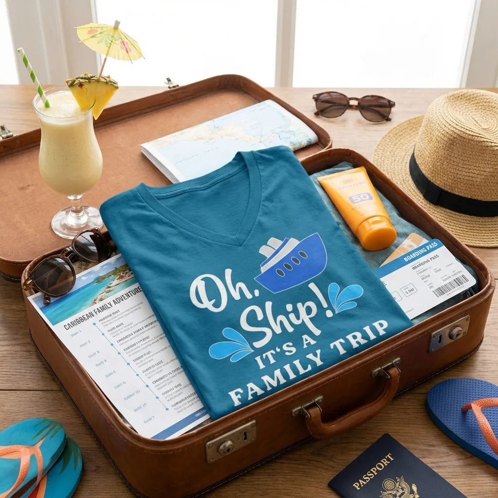Lifestyle View — Oh Ship Funny Family Cruise Trip Shirt Nautical Vacation Design — T-Shirt